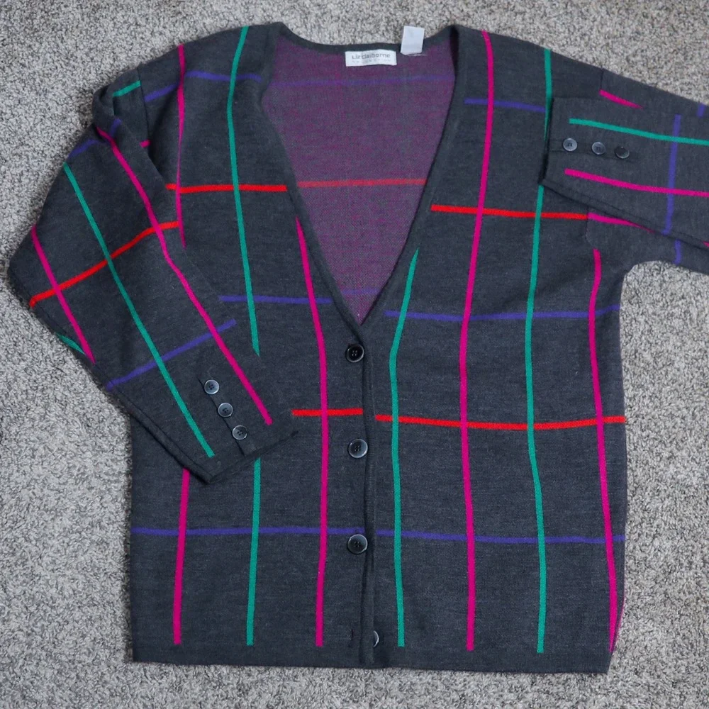 Vintage Liz Claiborne Wool Cashmere Blend Cardigan 80s 90s Plaid Grid Sweater M‎